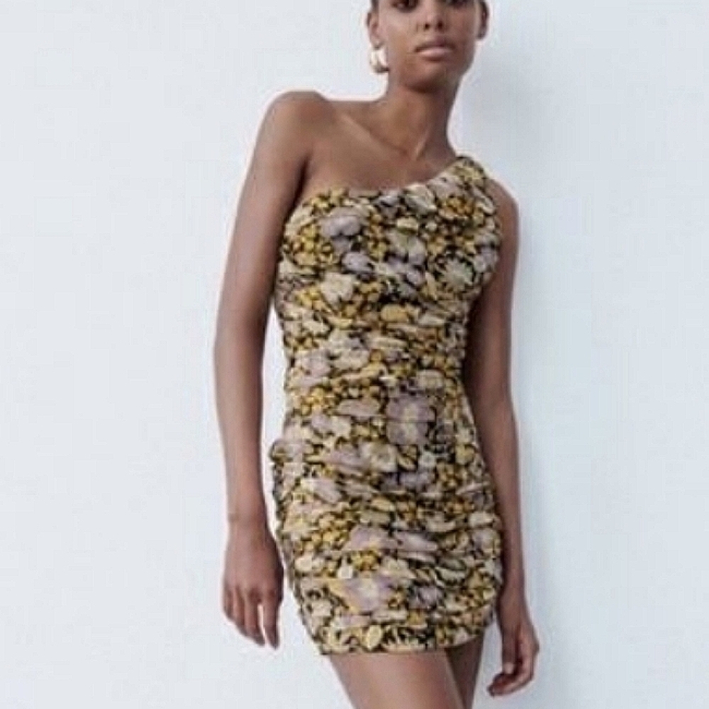 1216 * Zara One Shoulder Mini Dress Gold Purple Cream Black Size XS NWT